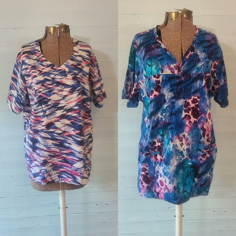 2 womens Bring It On Mutli-Color Scrub Tops Medical Nurse DoctorSize XL